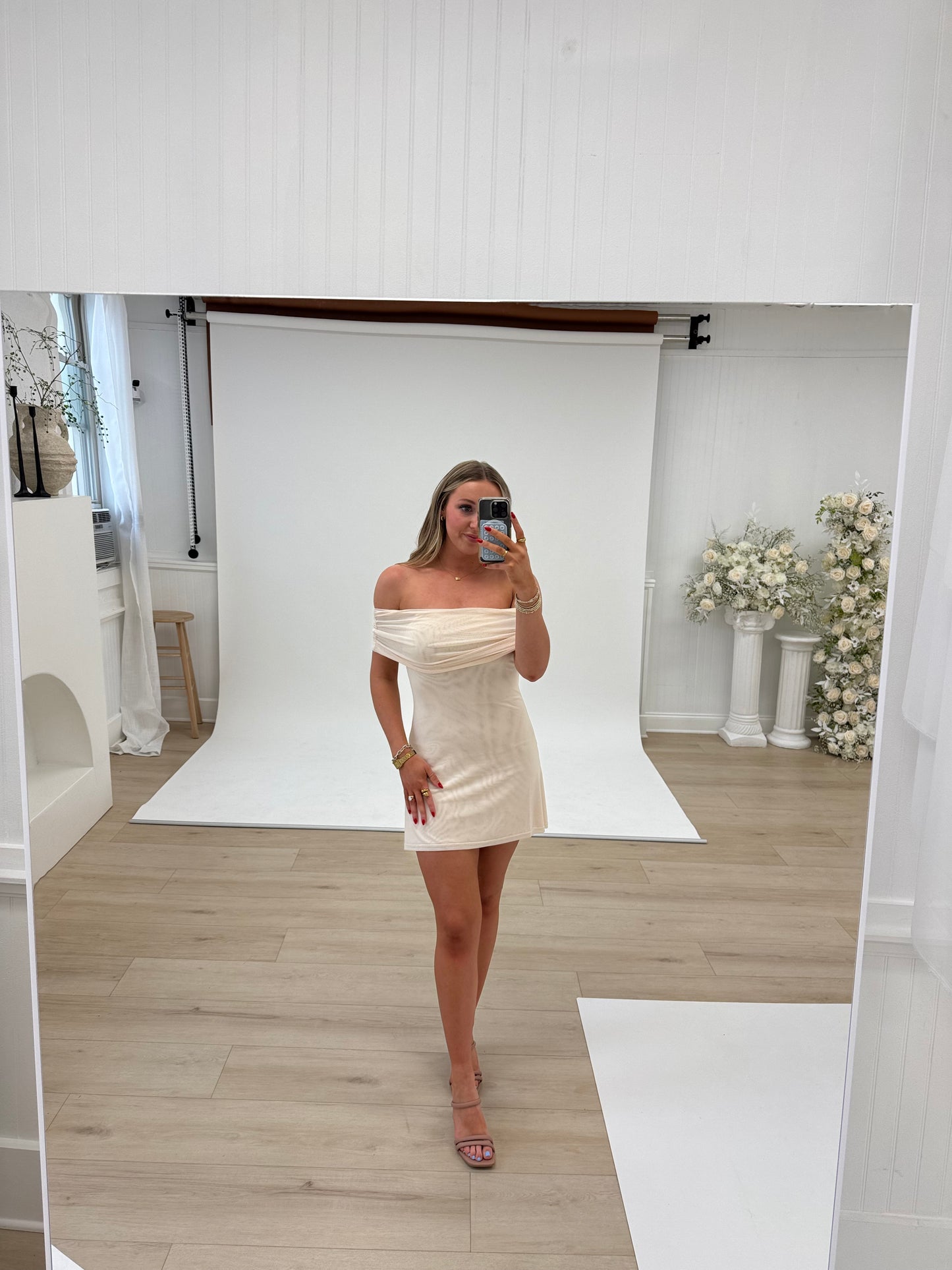 Ivory Fold Over Off Shoulder Mini Dress