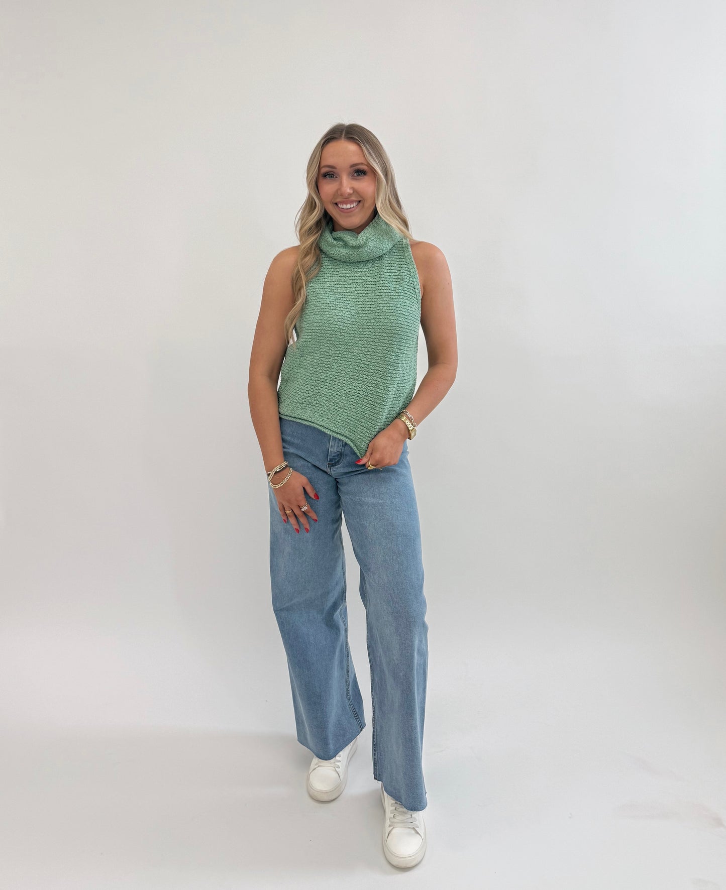 Green Sleeveless Mock Neck Knit Sweater