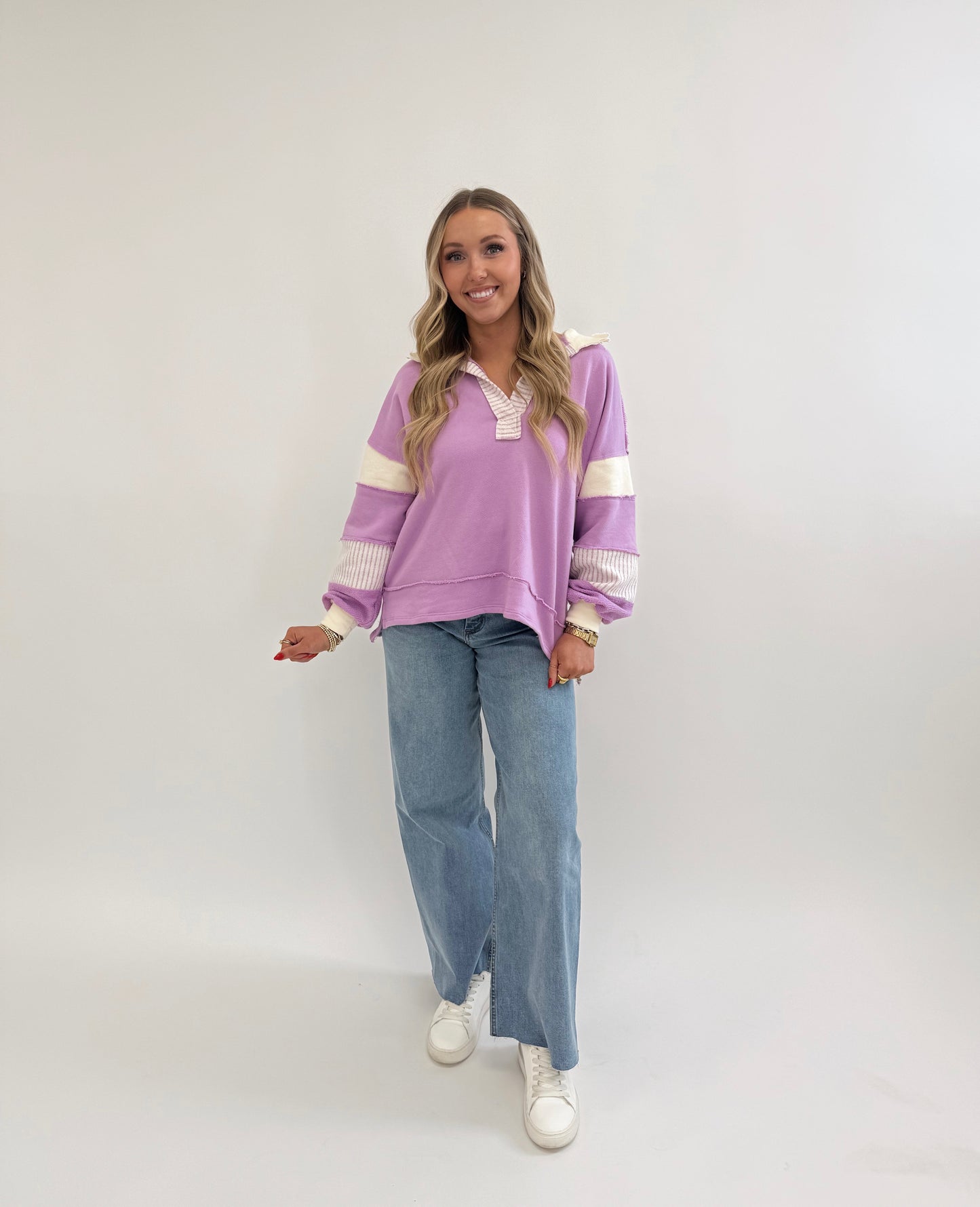 French Terry Knit Color-block Collared Loose Fit Top