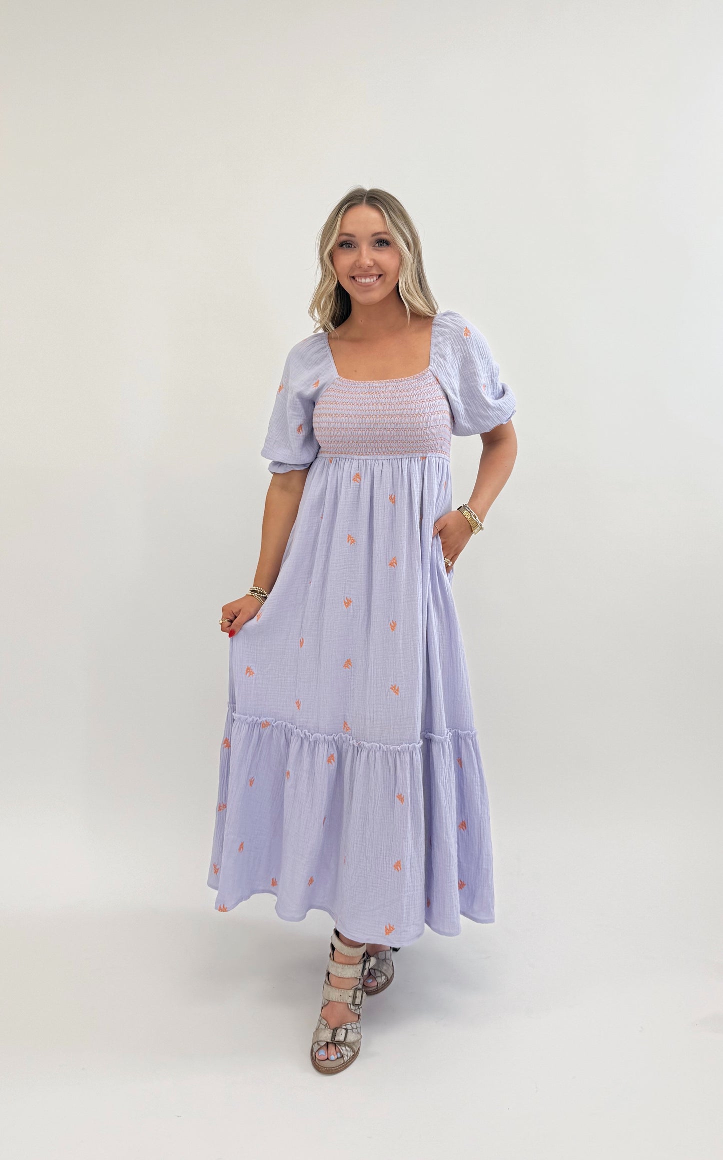 EMBROIDERED COTTON GAUZE SMOCKED DRESS