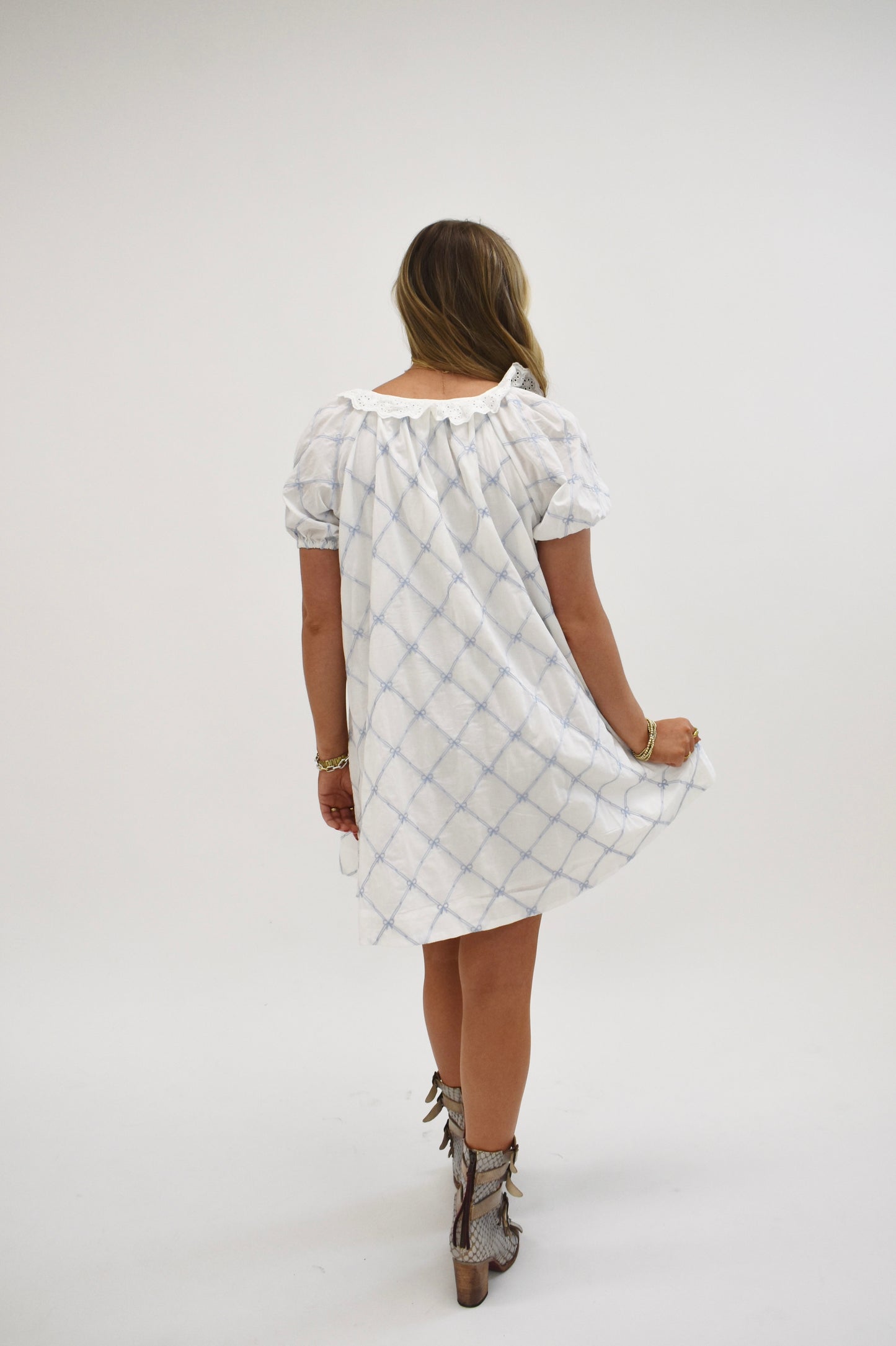 Embroidered Lace Bow Mini Dress