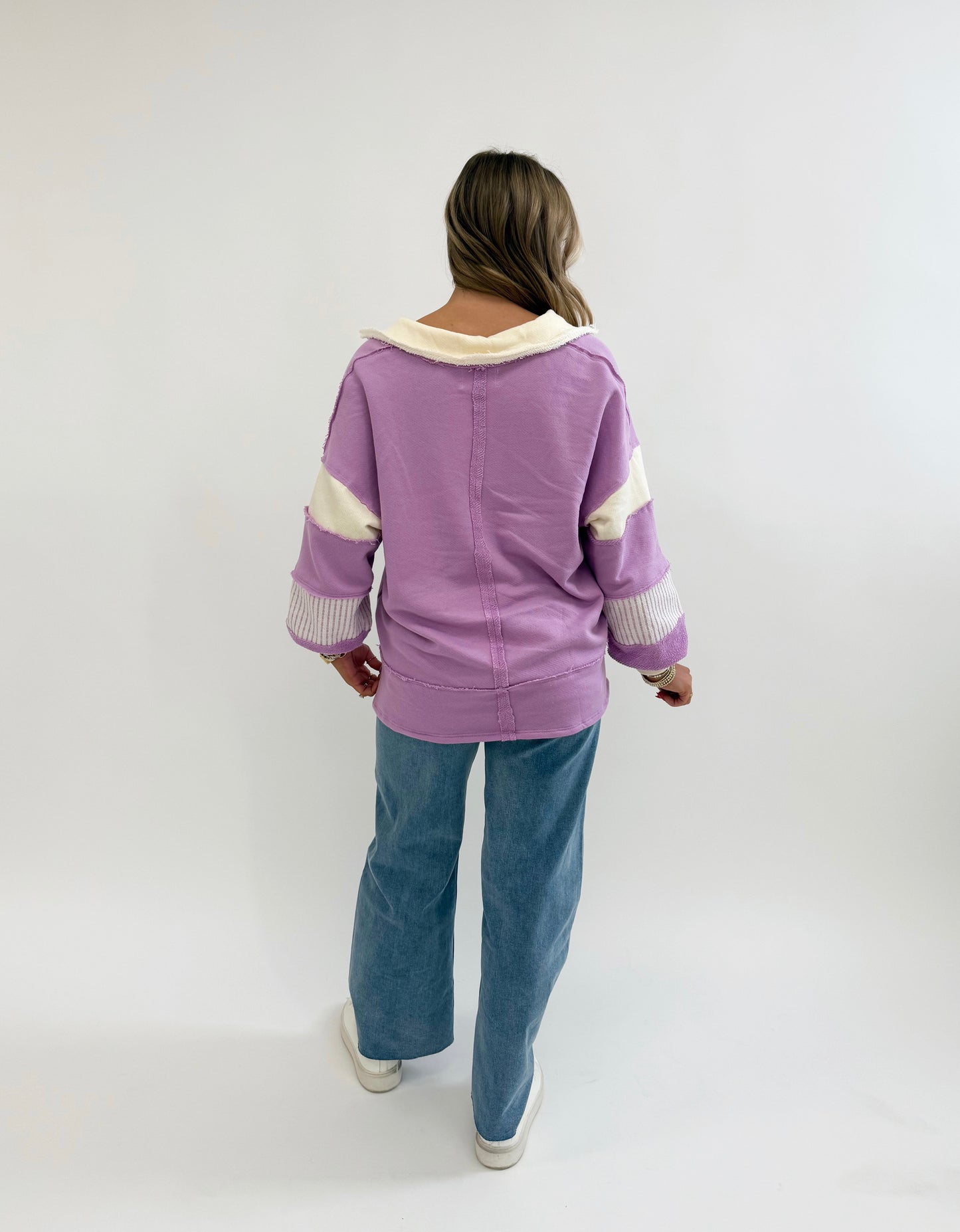 French Terry Knit Color-block Collared Loose Fit Top