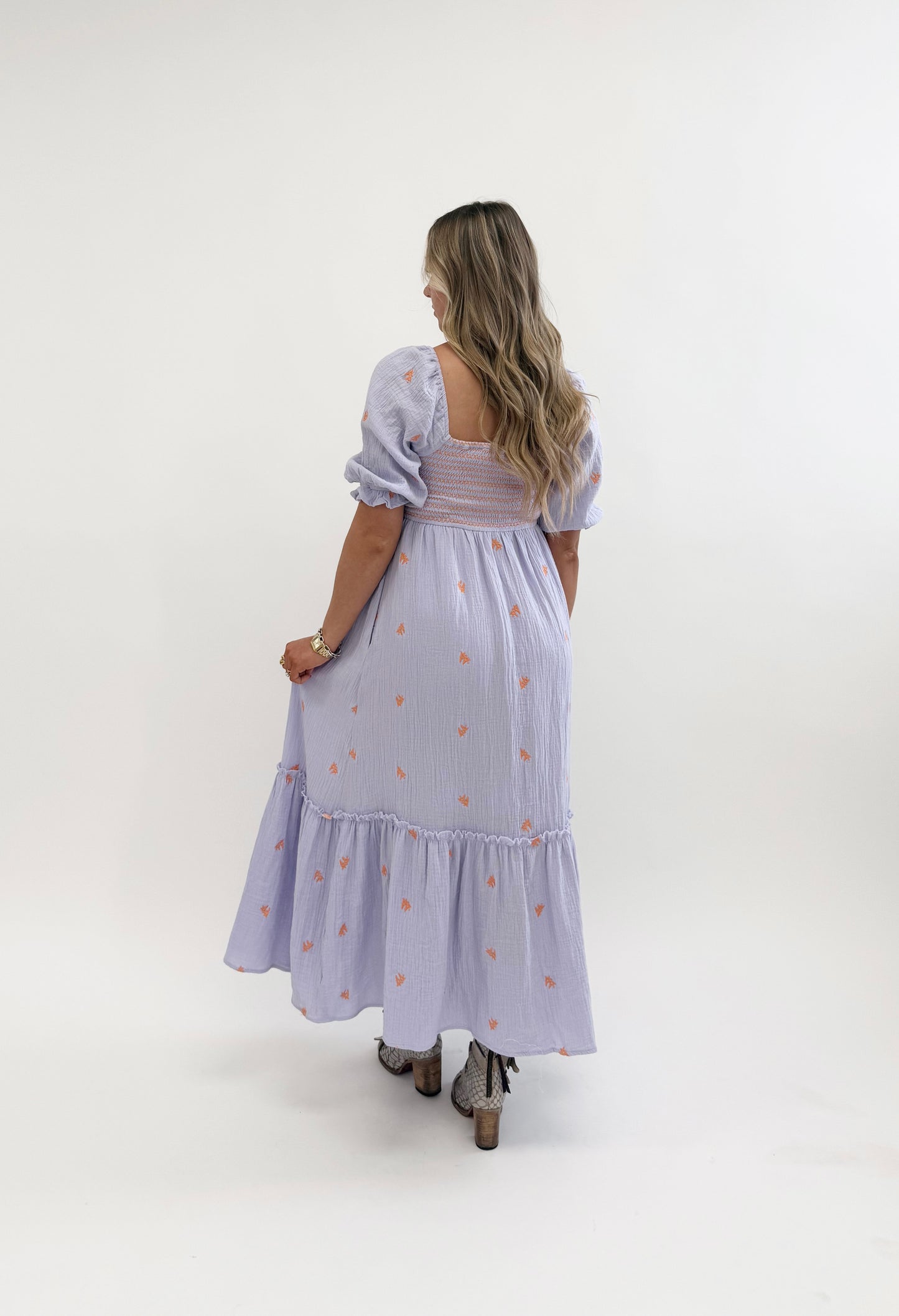 EMBROIDERED COTTON GAUZE SMOCKED DRESS