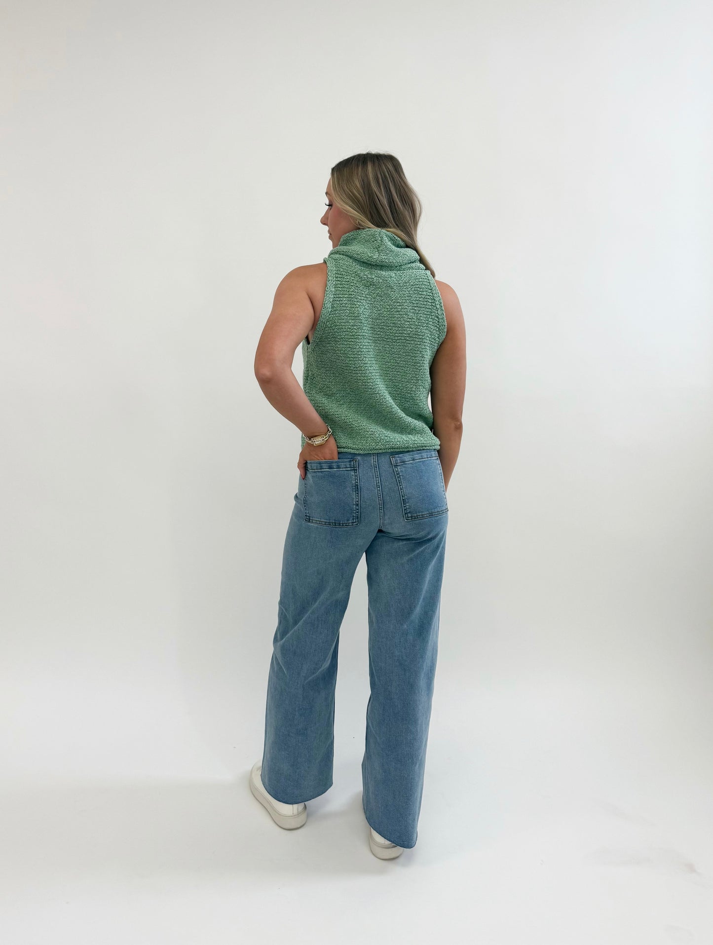 Green Sleeveless Mock Neck Knit Sweater