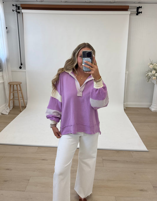 French Terry Knit Color-block Collared Loose Fit Top