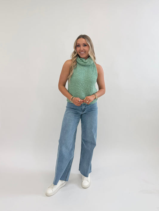Green Sleeveless Mock Neck Knit Sweater