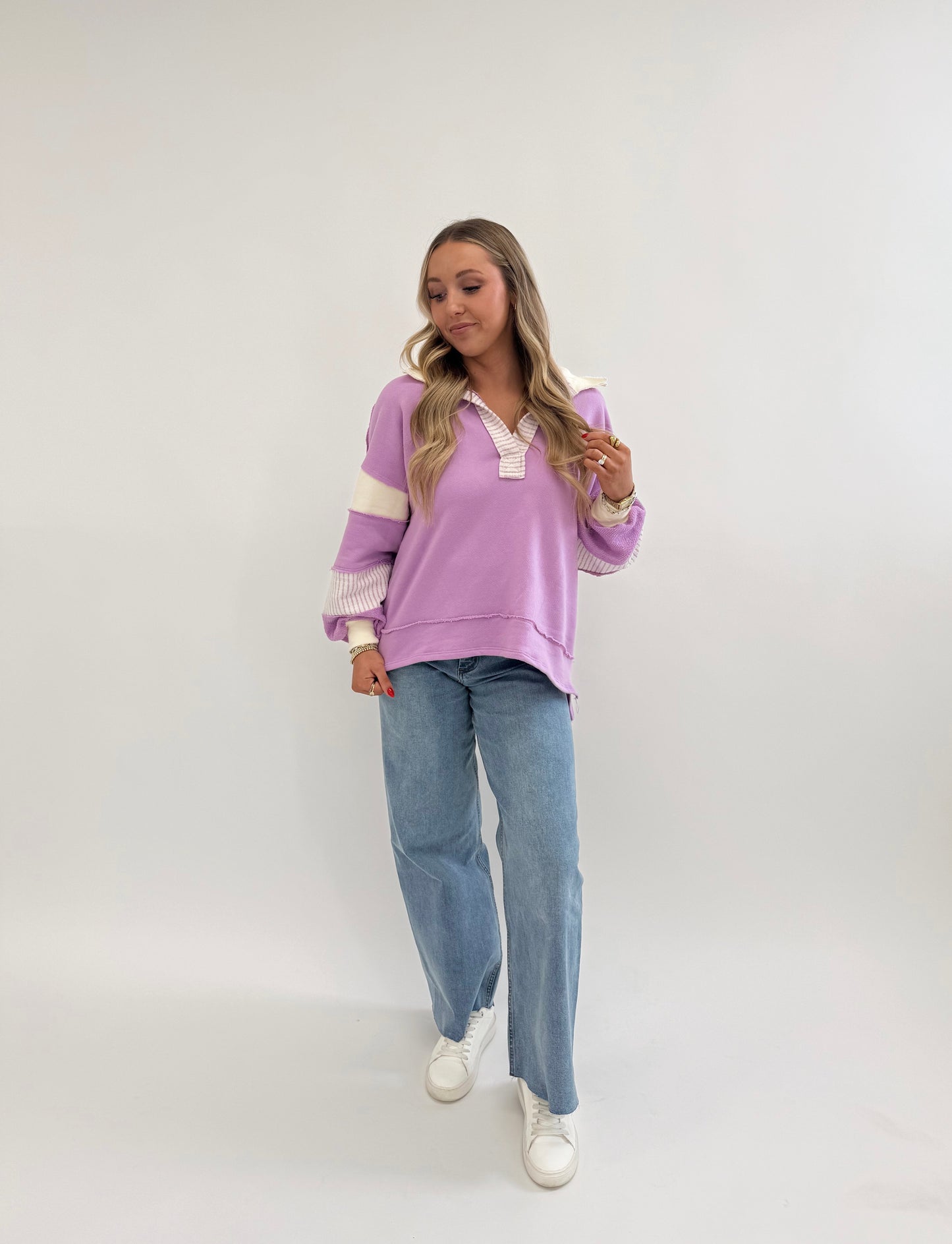 French Terry Knit Color-block Collared Loose Fit Top
