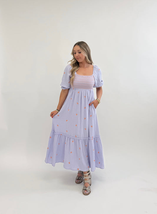 EMBROIDERED COTTON GAUZE SMOCKED DRESS